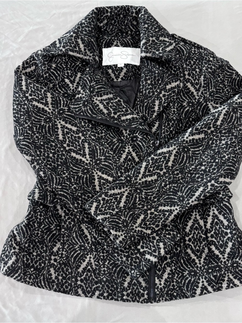 Jessica Simpson Womens M Black White Moto Jacket Wool Blend Peplum Zip Ruffled